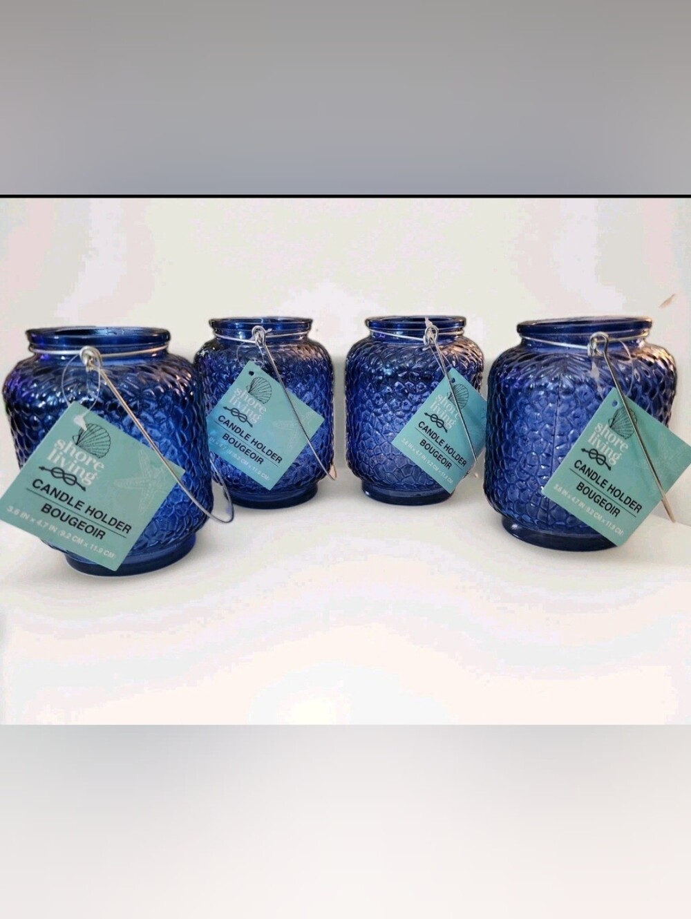 Cobalt Blue Textured Glass Candle Holders with Metal Handles - Set of 4